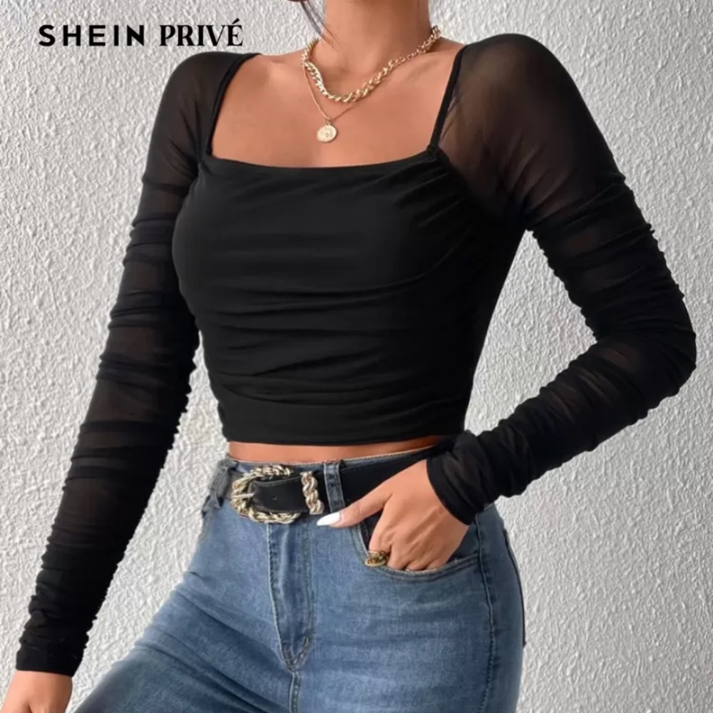 SHEIN Privé Square Neck Ruched Mesh Crop Women Top